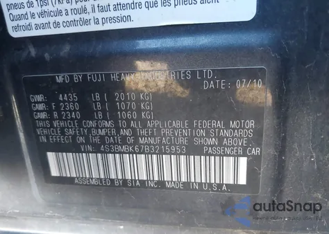 2011 Subaru Legacy 2.5I Limited from USA, damaged, VIN 4S3BMBK67B3215953